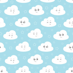 Fototapeta premium Children seamless pattern with cute clouds, stars on a blue background. vector illustration baby seamless pattern