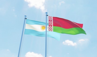 Argentina and Belarus, two flags waving against blue sky. 3d image