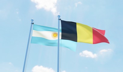 Argentina and Belgium, two flags waving against blue sky. 3d image