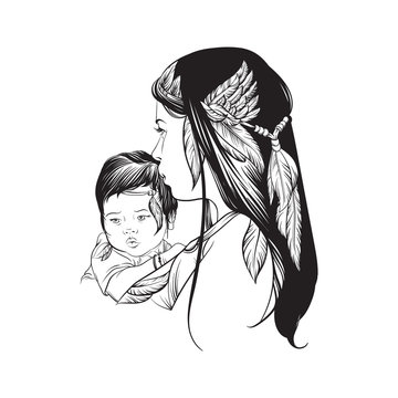 recommend clip art: Vector illustration of skvo woman with child and feather. Hand drawn line realistic romantic style artwork Template for card poster banner print for t-shirt.