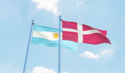 Argentina and Denmark, two flags waving against blue sky. 3d image