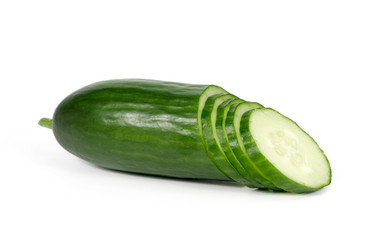 European cucumber (burpless, seedless, hothouse, gourmet, greenhouse, English) isolated on white background one fresh cut half and slices stack