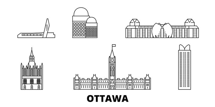Canada, Ottawa flat travel skyline set. Canada, Ottawa black city vector panorama, illustration, travel sights, landmarks, streets.