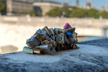 Locks of loving couples on the bridge. Paris. 