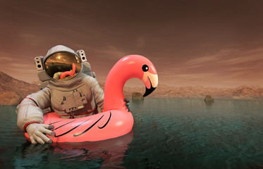 Astronaut with Pink Float Looking for Water on Mars - 3D illustration © Giovanni Cancemi