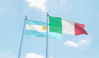 Argentina and Italy, two flags waving against blue sky. 3d image