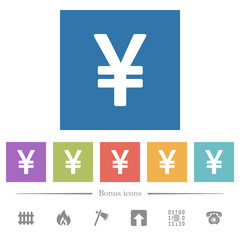 Japanese Yen sign flat white icons in square backgrounds
