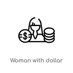 outline woman with dollar circle vector icon. isolated black simple line element illustration from business concept. editable vector stroke woman with dollar circle icon on white background