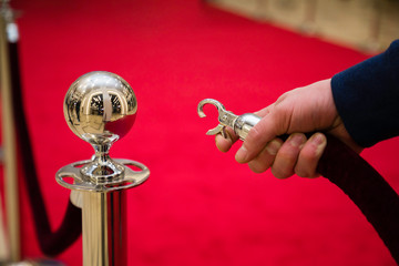 Red carpet with barriers and velvet ropes.