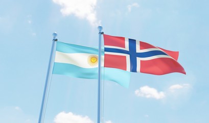 Argentina and Norway, two flags waving against blue sky. 3d image