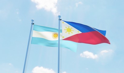 Argentina and Philippines, two flags waving against blue sky. 3d image