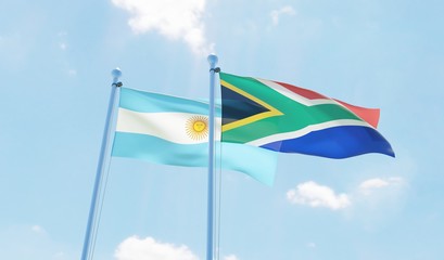 Argentina and South Africa, two flags waving against blue sky. 3d image