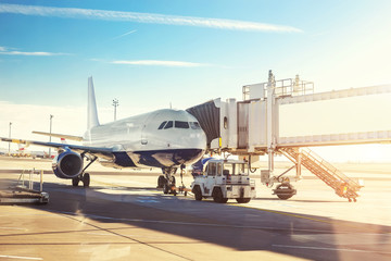 Big modern commercial plane on airfield docked with boarding bridge at sunrise or sunset. Blue...