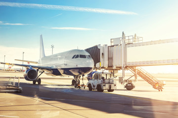 Big modern commercial plane on airfield docked with boarding bridge at sunrise or sunset. Blue...