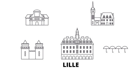 France, Lille flat travel skyline set. France, Lille black city vector panorama, illustration, travel sights, landmarks, streets.