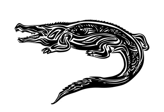 Hand drawn crocodile outline sketch. Vector black ink drawing isolated on white background. Graphic illustration