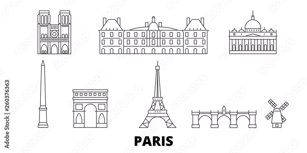 Wall mural France, Paris flat travel skyline set. France, Paris black city vector panorama, illustration, travel sights, landmarks, streets.