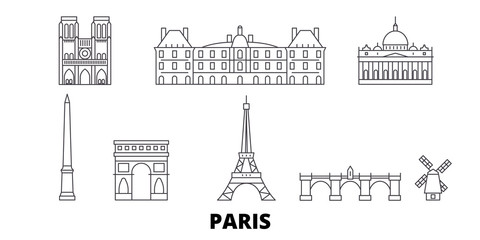 France, Paris flat travel skyline set. France, Paris black city vector panorama, illustration, travel sights, landmarks, streets. - obrazy, fototapety, plakaty
