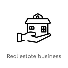outline real estate business house on a hand vector icon. isolated black simple line element illustration from business concept. editable vector stroke real estate business house on a hand icon on