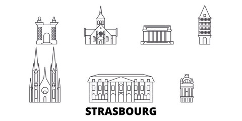 France, Strasbourg flat travel skyline set. France, Strasbourg black city vector panorama, illustration, travel sights, landmarks, streets. - obrazy, fototapety, plakaty