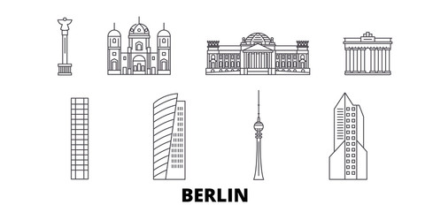 Germany, Berlin flat travel skyline set. Germany, Berlin black city vector panorama, illustration, travel sights, landmarks, streets. - obrazy, fototapety, plakaty