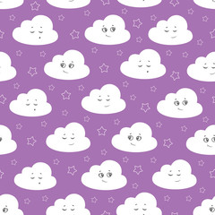 Children seamless pattern with cute clouds, stars on a purple background. vector illustration baby seamless pattern