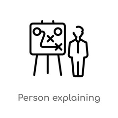 outline person explaining strategy on a board with a sketch vector icon. isolated black simple line element illustration from business concept. editable vector stroke person explaining strategy on a