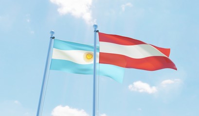 Argentina and Austria, two flags waving against blue sky. 3d image