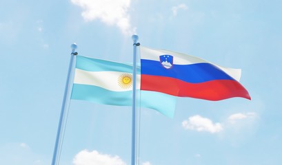 Argentina and Slovenia, two flags waving against blue sky. 3d image