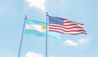 Argentina and USA, two flags waving against blue sky. 3d image
