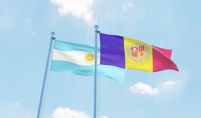 Argentina and Andorra, two flags waving against blue sky. 3d image