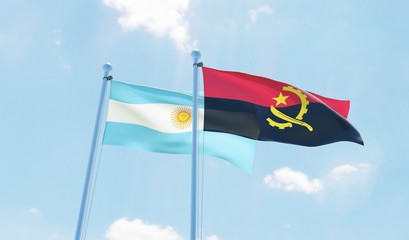 Argentina and Angola, two flags waving against blue sky. 3d image