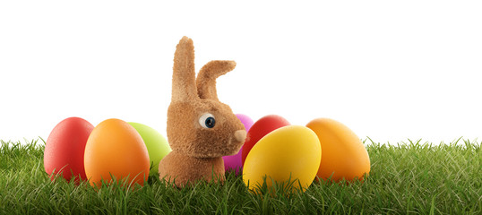small cute Easter bunny with Easter eggs 3d-illustration