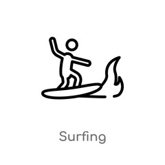 outline surfing vector icon. isolated black simple line element illustration from camping concept. editable vector stroke surfing icon on white background