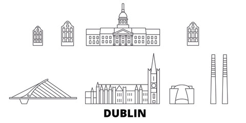 Fototapeta premium Irland, Dublin flat travel skyline set. Irland, Dublin black city vector panorama, illustration, travel sights, landmarks, streets.