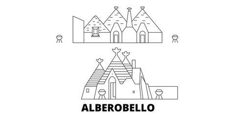 Italy, Alberobello  flat travel skyline set. Italy, Alberobello  black city vector panorama, illustration, travel sights, landmarks, streets.