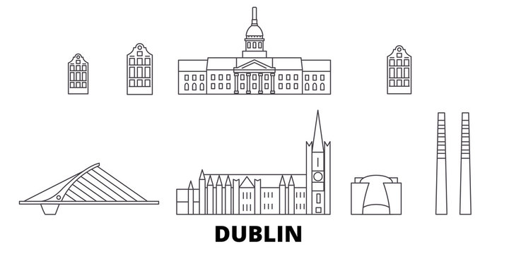 Irland, Dublin flat travel skyline set. Irland, Dublin black city vector panorama, illustration, travel sights, landmarks, streets.
