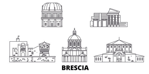 Italy, Brescia flat travel skyline set. Italy, Brescia black city vector panorama, illustration, travel sights, landmarks, streets.