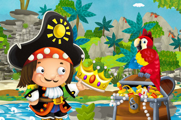 Naklejka premium cartoon scene with pirate in the jungle holding royal crown with treasure and parrot - illustration for children