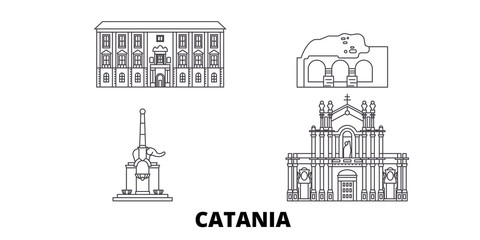 Italy, Catania flat travel skyline set. Italy, Catania black city vector panorama, illustration, travel sights, landmarks, streets. - obrazy, fototapety, plakaty