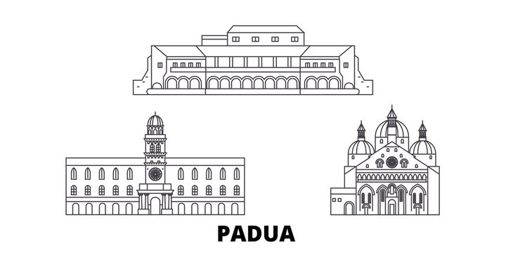 Italy, Padua flat travel skyline set. Italy, Padua black city vector panorama, illustration, travel sights, landmarks, streets.
