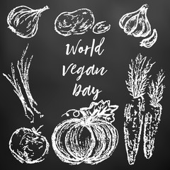 Obraz premium Children's drawing of white chalk on a black board. World Vegan Day. Onions, potatoes, garlic, pumpkin, carrots, peas, tomato, radish