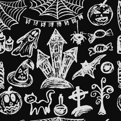 Halloween. Seamless Pattern. Collection of festive elements. Autumn holidays. Pumpkin, cobweb, flags, candle, ghost, sinister castle, eye, potion, tree, candy