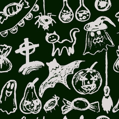 Halloween. Seamless Pattern festive elements. Autumn holidays. Pumpkin, ghost, spider, candy, eye, bat, broom, flags, potion, cat, cemetery