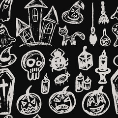 Halloween. Seamless Pattern Collection of festive elements. Autumn holidays. Pumpkin, coffin, skull, candle, spider, broom, potion, ghosts, sinister castle, cat