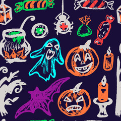 Halloween. A set of funny objects. Seamless pattern. Collection of festive elements. Autumn holidays. Pumpkin, ghost, spider, candy, eye, cauldron, wood, bat, candle