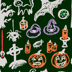 Halloween. A set of funny objects. Seamless pattern. Collection of festive elements. Autumn holidays. Pumpkin, eye, cemetery, broom, tree, bat, candle, spider, cat, witch hat