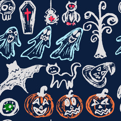 Halloween. A set of funny objects. Seamless pattern. Collection of festive elements. Autumn holidays. Pumpkin, eye, coffin, tree, bat, spider, cat, witch hat, owl, skull, ghosts