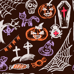 Halloween. A set of funny objects. Seamless pattern. Collection of festive elements. Autumn holidays. Pumpkin, cobweb, skull, coffin, tree, bat, cemetery, candy, spider, flags, cat, witch hat