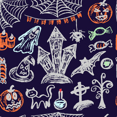 Halloween. A set of funny objects. Seamless pattern. Collection of festive elements. Autumn holidays. Pumpkin, cobweb, flags, candle, ghost, sinister castle, eye, potion, tree, candy